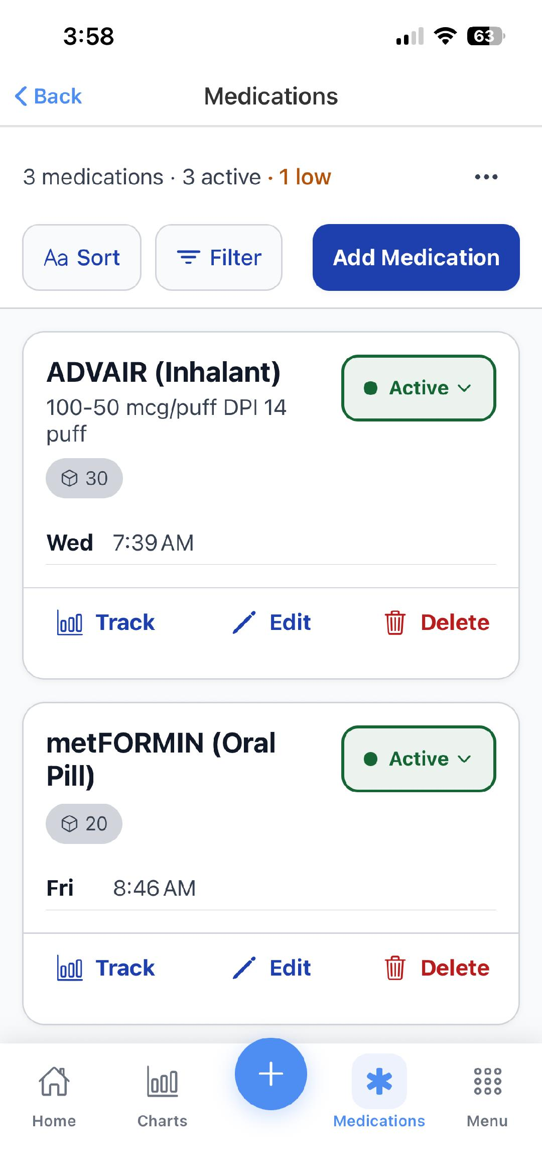 Medication list showing daily schedule and adherence tracking
